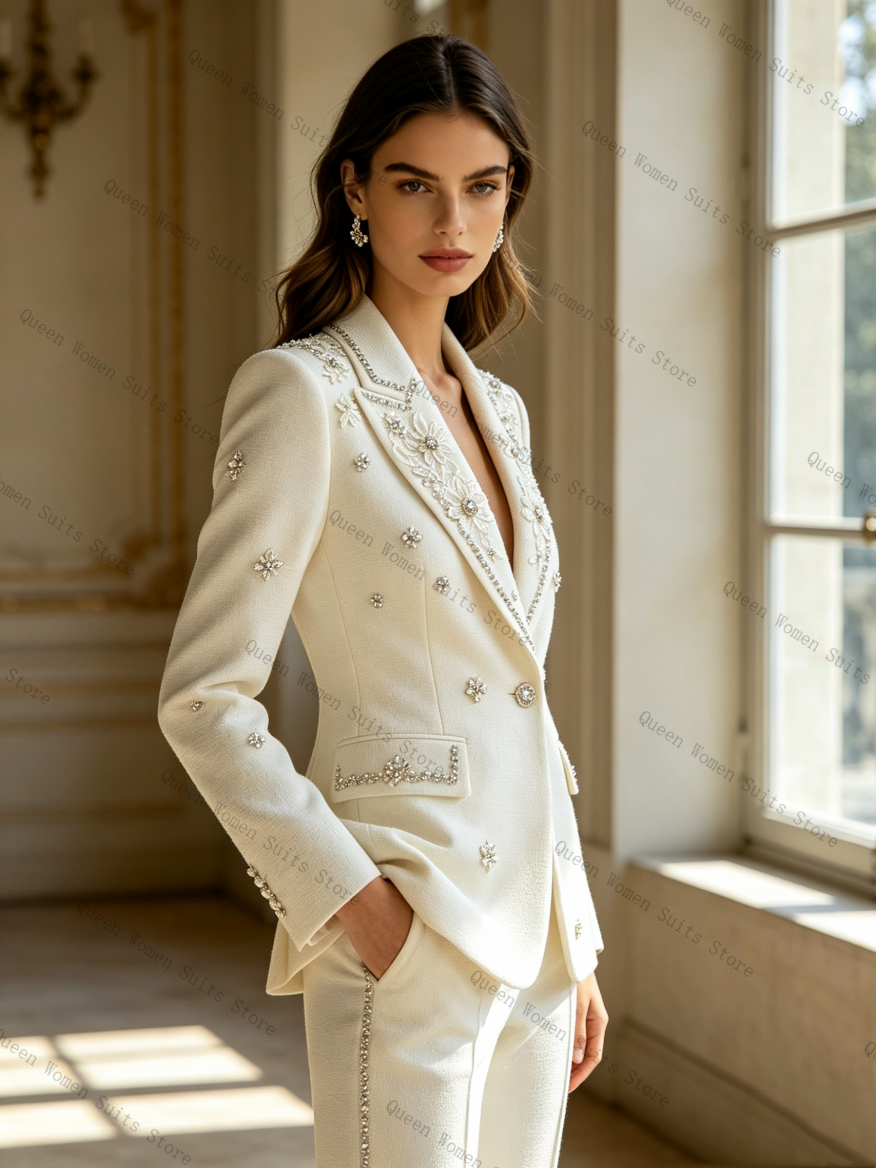 White Crystals Women Suit Set  - Women Luxury Formal Wear บทวิจารณ์และราคา