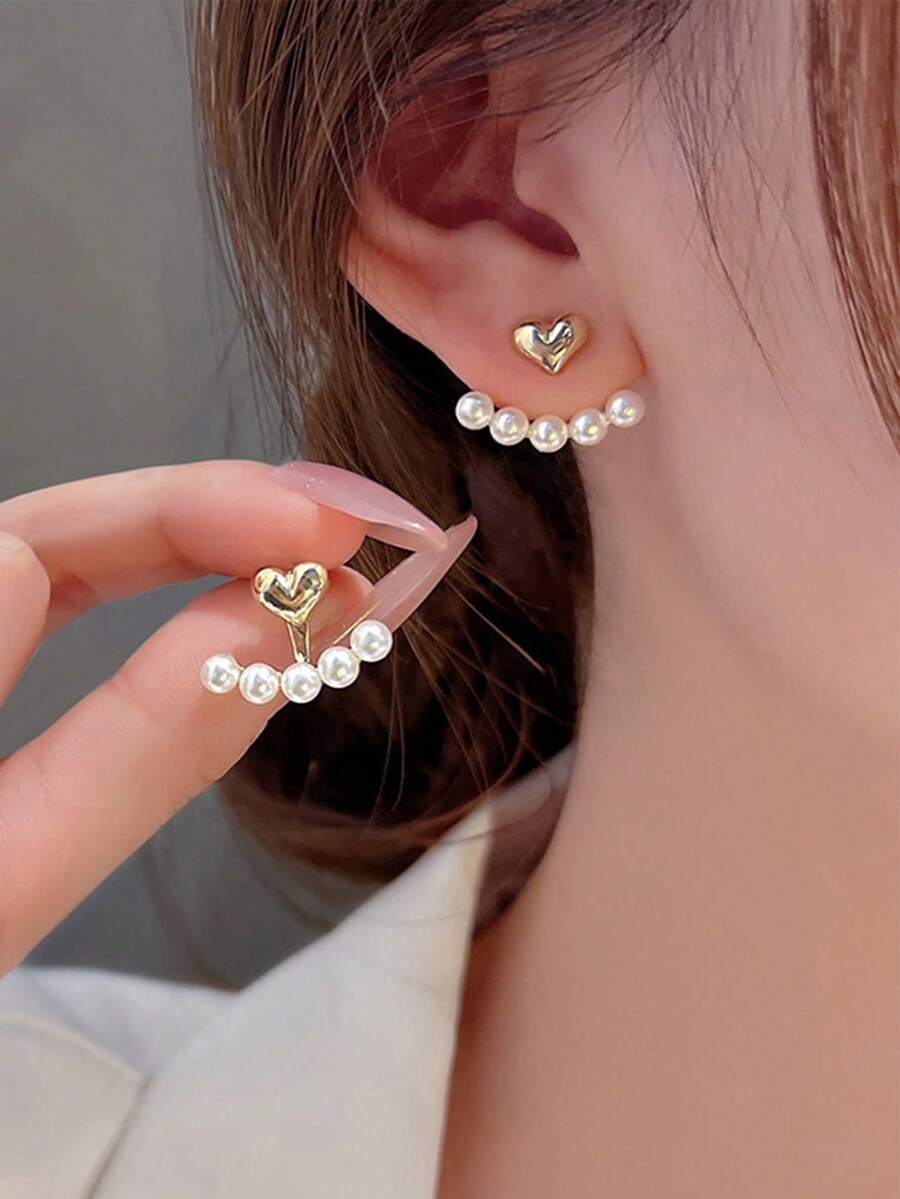 1pair Minimalist Small Heart & - Pearl Earring Stud บทวิจารณ์และราคา