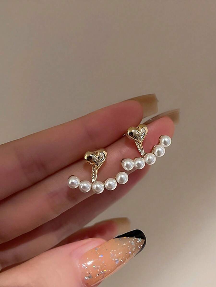 1pair Minimalist Small Heart & - Pearl Earring Stud บทวิจารณ์และราคา