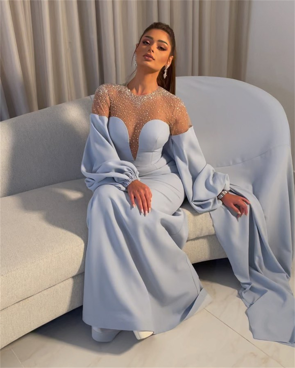 Santorini Sheer Neck Beaded Pr - Women Formal Wear Dubai บทวิจารณ์และราคา