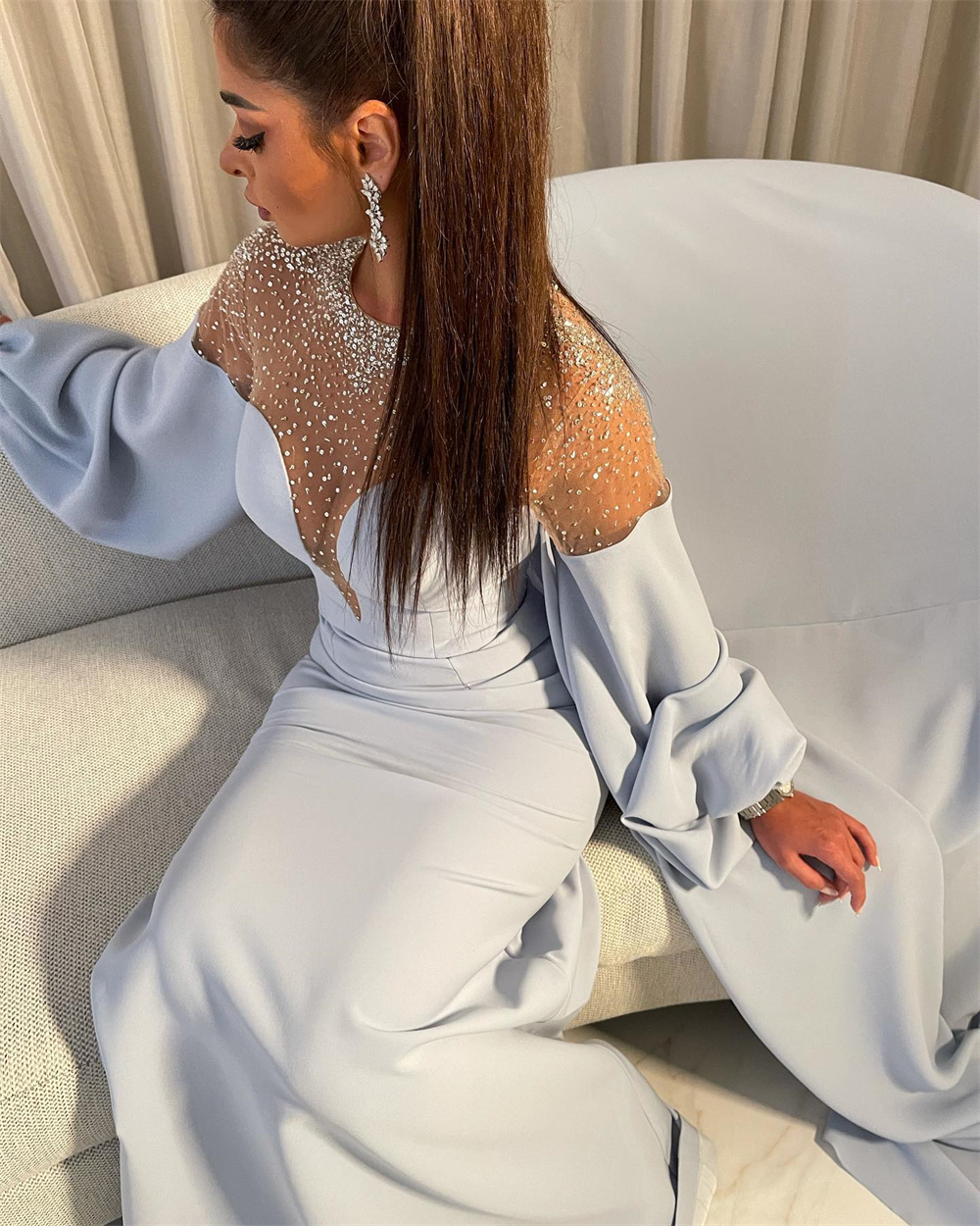Santorini Sheer Neck Beaded Pr - Women Formal Wear Dubai บทวิจารณ์และราคา