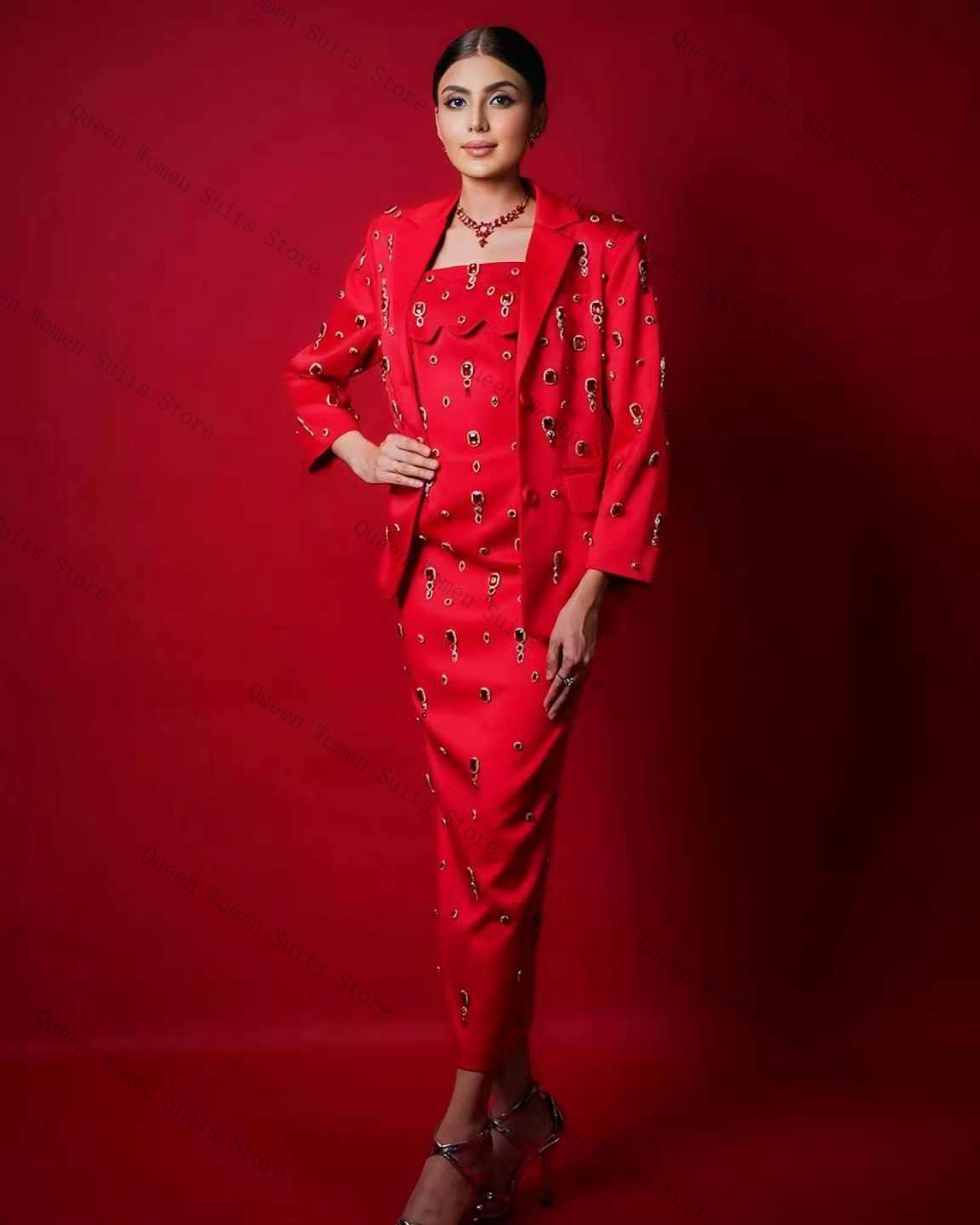 Luxury Red Crystals Women Suit - Women Luxury Formal Wear บทวิจารณ์และราคา