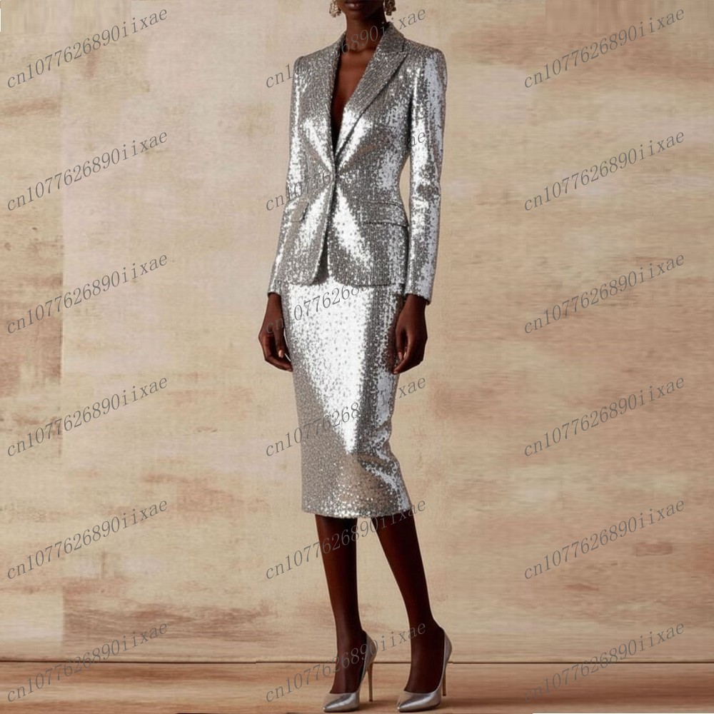 New Silver Sequin Blazer Skirt - Blazer Set Women Formal บทวิจารณ์และราคา