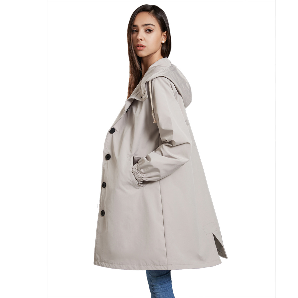 Hooded Women Windbreaker Long  - Trench Coat Formal บทวิจารณ์และราคา
